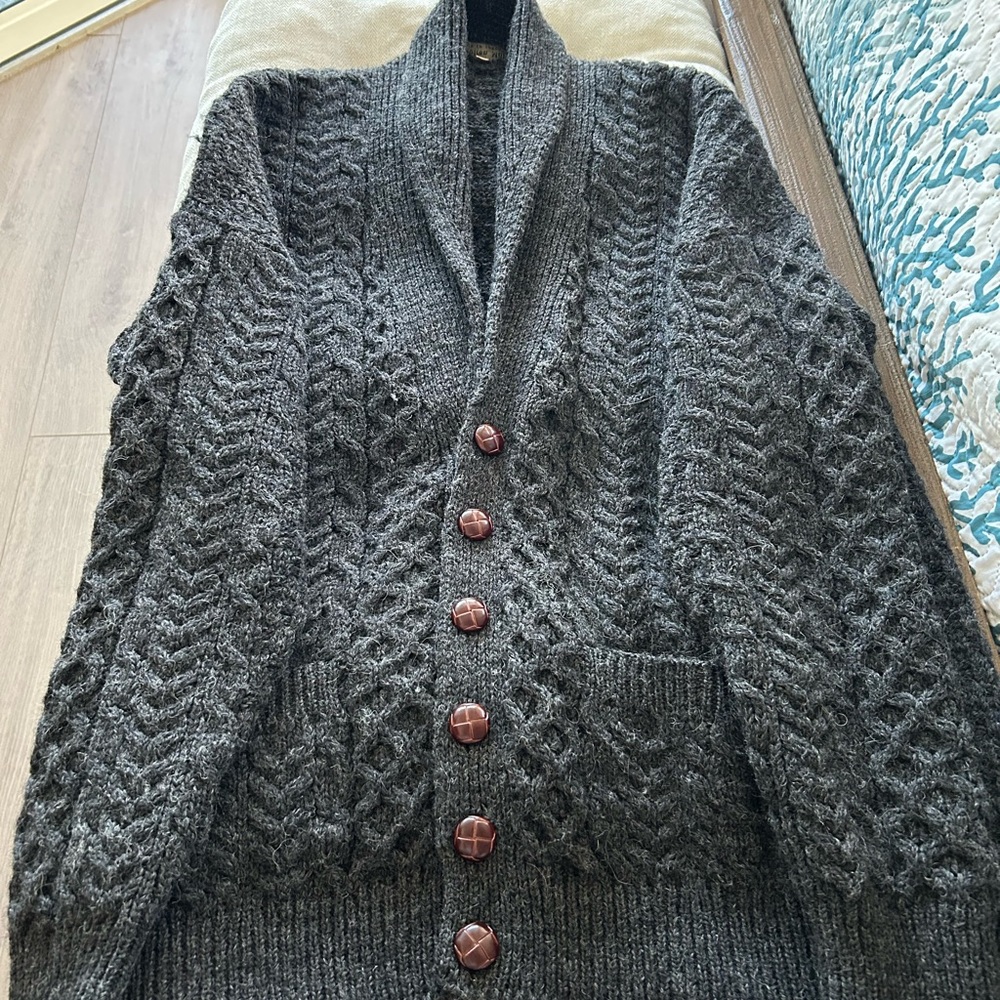 Dark Gray Blarney Woollen Mills Pure New Wool Cardigan Sweater Large